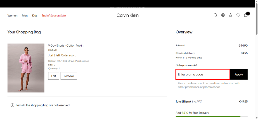 Calvin Klein discount code place that can be found in your shopping bag