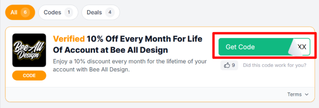 The Love Discount Vouchers page shows Bee All Design UK promo codes and offers to use on your purchase