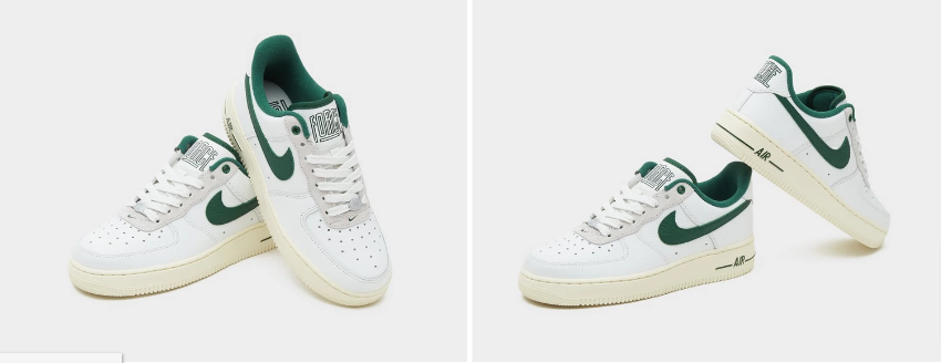 Collage of white and green Nike Air Force 1 Low sneakers showing different sides