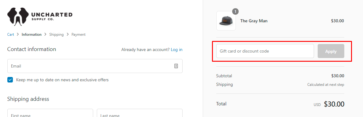 How do I use my Uncharted Supply Co. discount code?