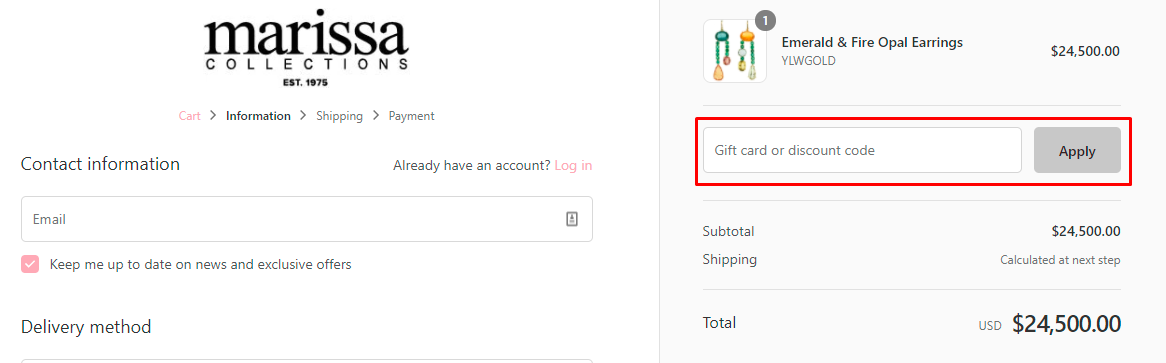 How do I use my Marissa Collections discount code?
