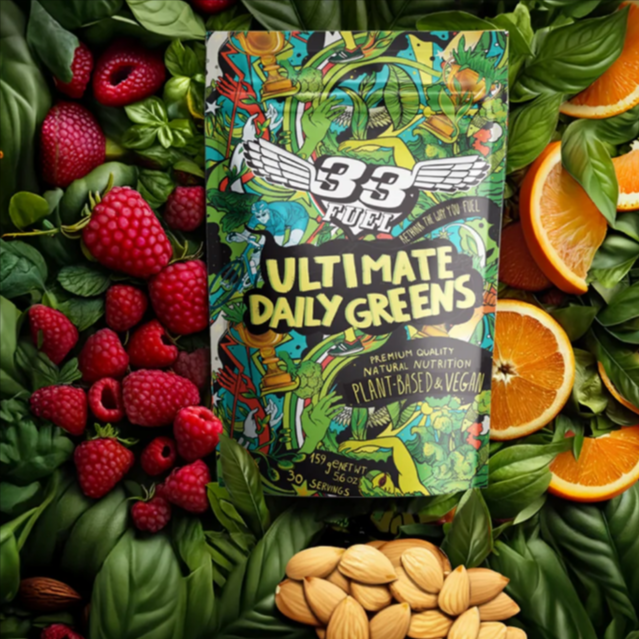 33Fuel's ultimate daily green package with fresh fruits and on the background