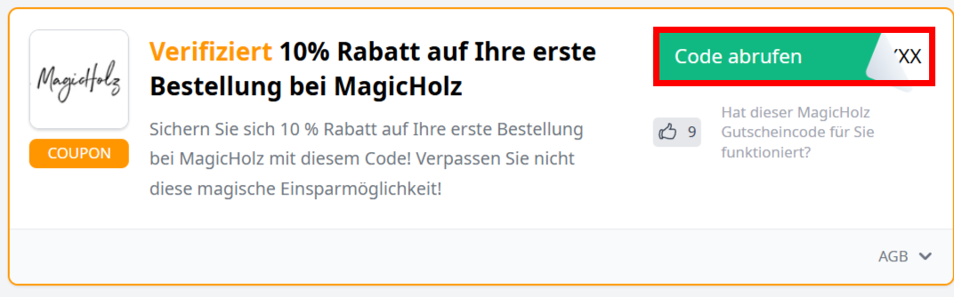 Angaben zu einem Gutscheincode von Magicholz mit einem rotmarkiertem grünen Button