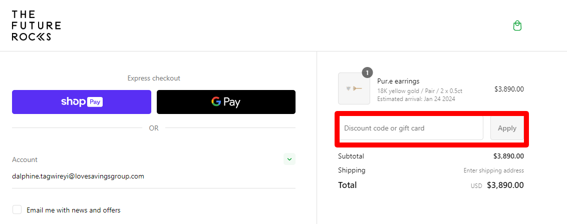 The brand checkout page with where to add the The Future Rocks discount code is highlighted with a red box