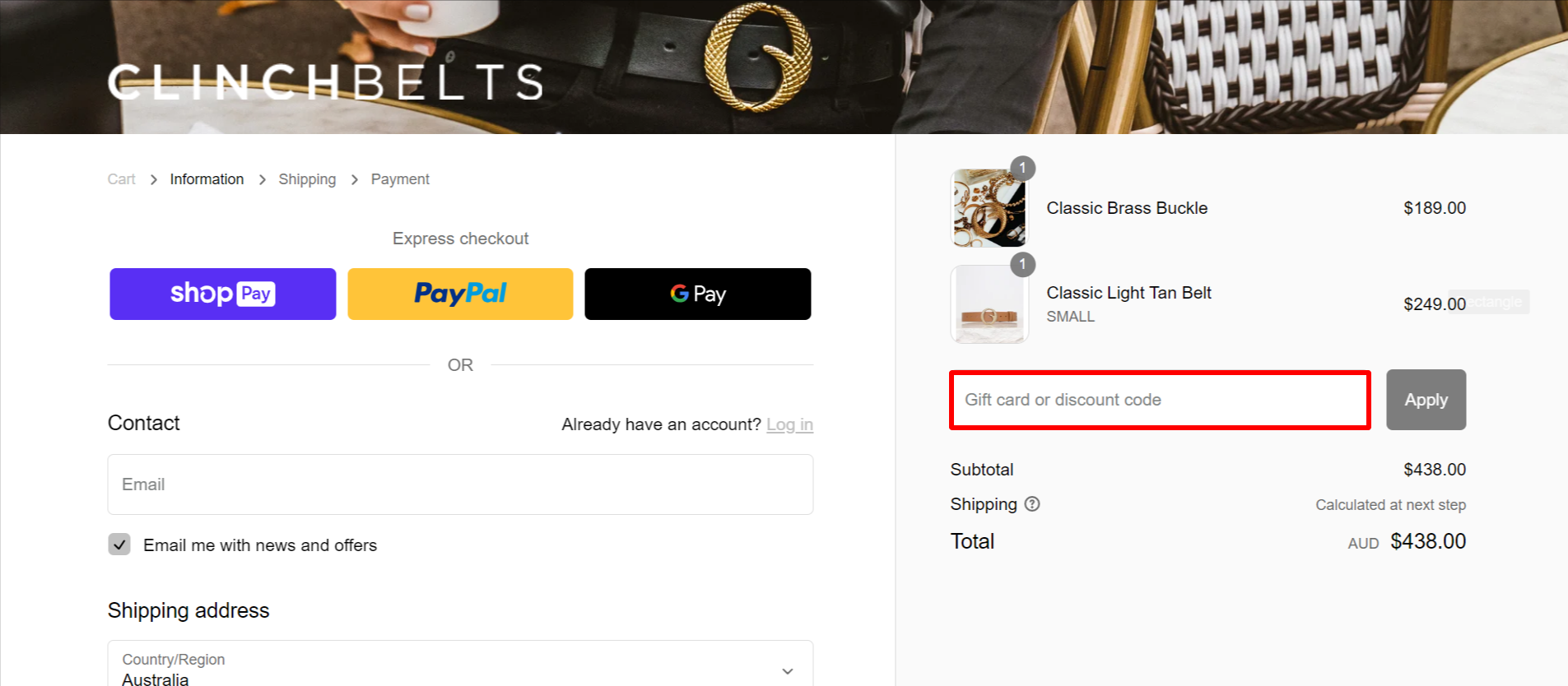 The brand checkout page with where to add the Clinch Belts discount code highlighted with a red box