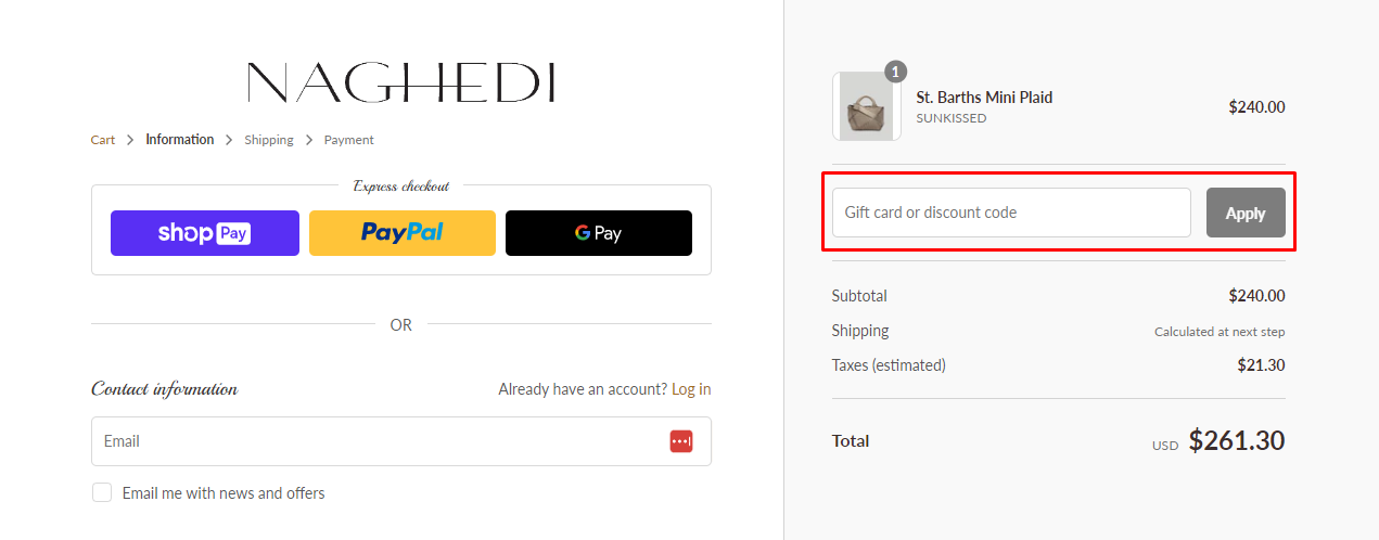 How do I use my Naghedi discount code?