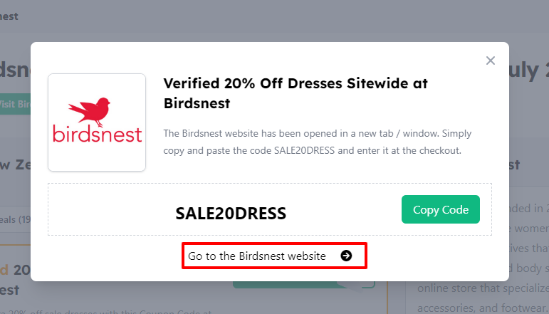 A box displayed on a white background of a Birdsnest promo code with a ‘Go to the Birdsnest website’ message