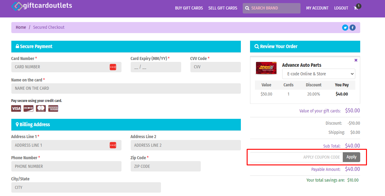 How do I use my GiftCardoutlets coupon code?