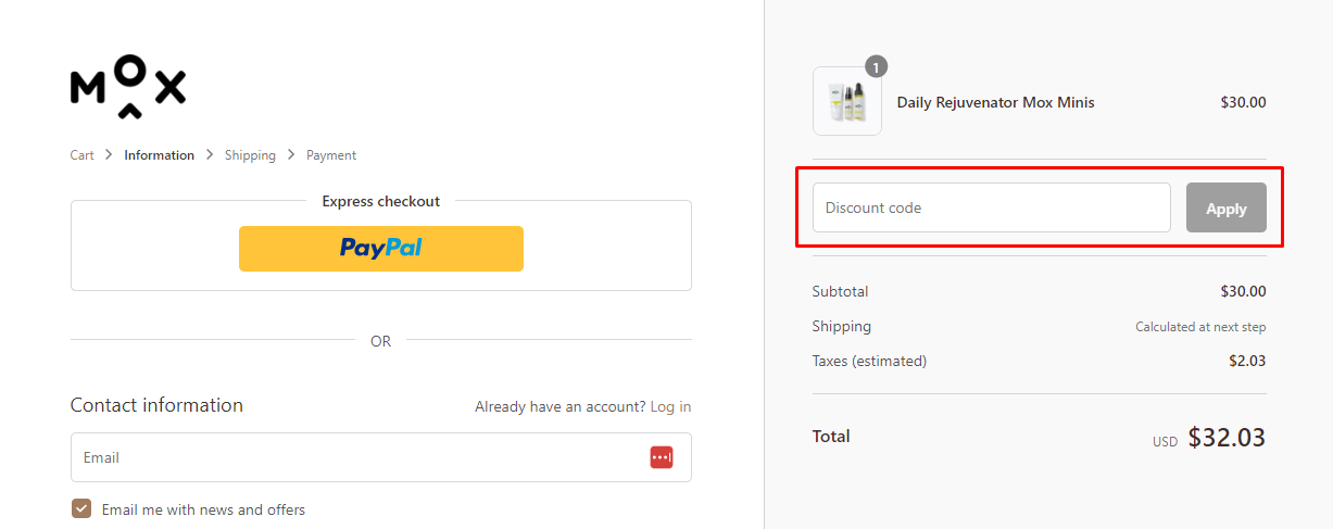 How do I use my Mox discount code?