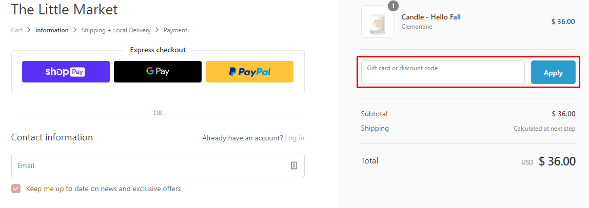 How do I use my The Little Market discount code?
