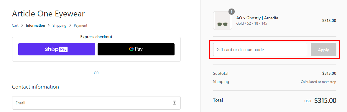 How do I use my Article One Eyewear discount code?