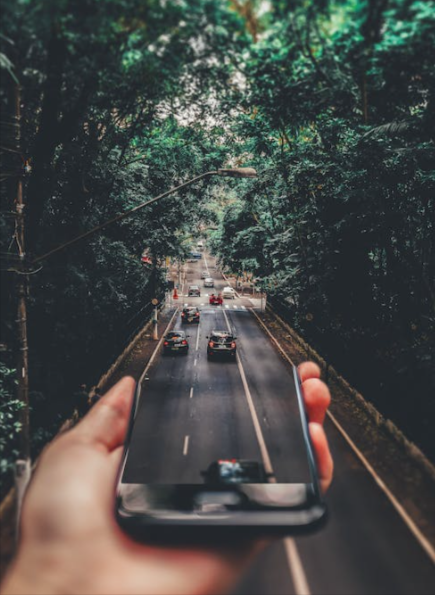 cellulare che simula la prenotazione di un'auto mentre viene raffigurata una strada in una via alberata con macchine in viaggio