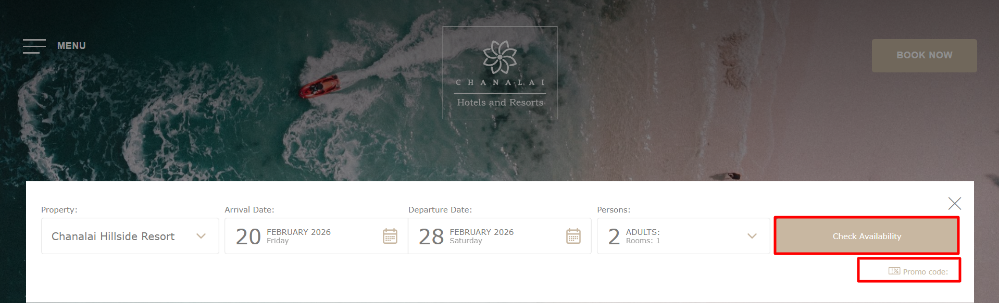 The Chanalai Hotels & Resorts search filter and the Chanalai Hotels & Resorts promo code box and check availability box highlighted with red boxes