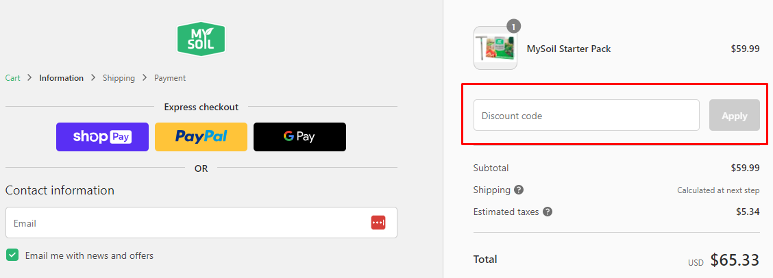 How do I use my My Soil discount code?