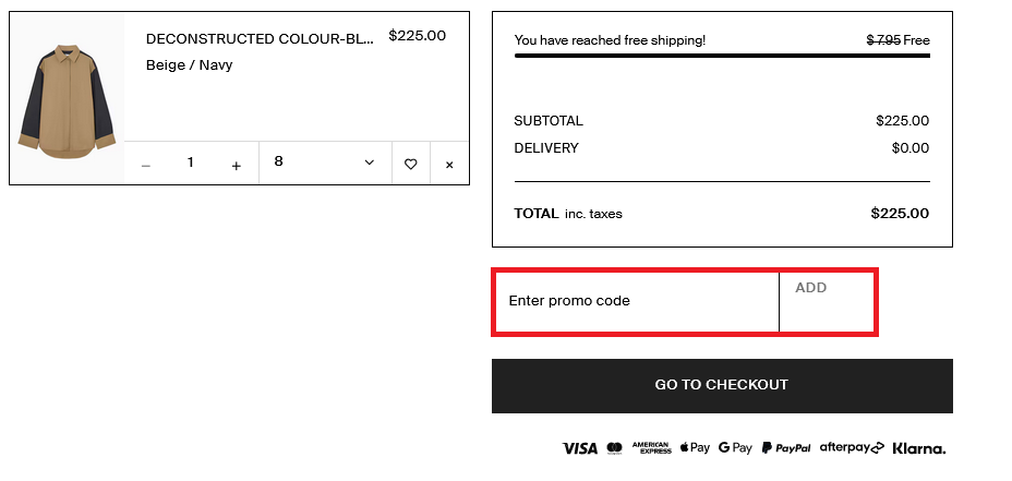 The brand checkout page with where to add the COS promo code highlighted with a red box