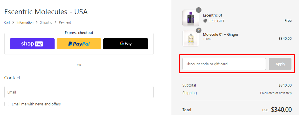 How do I use my Escentric Molecules coupon code?