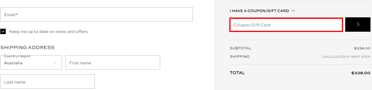 The brand checkout page with where to add the P.E Nation coupon code highlighted with a red box