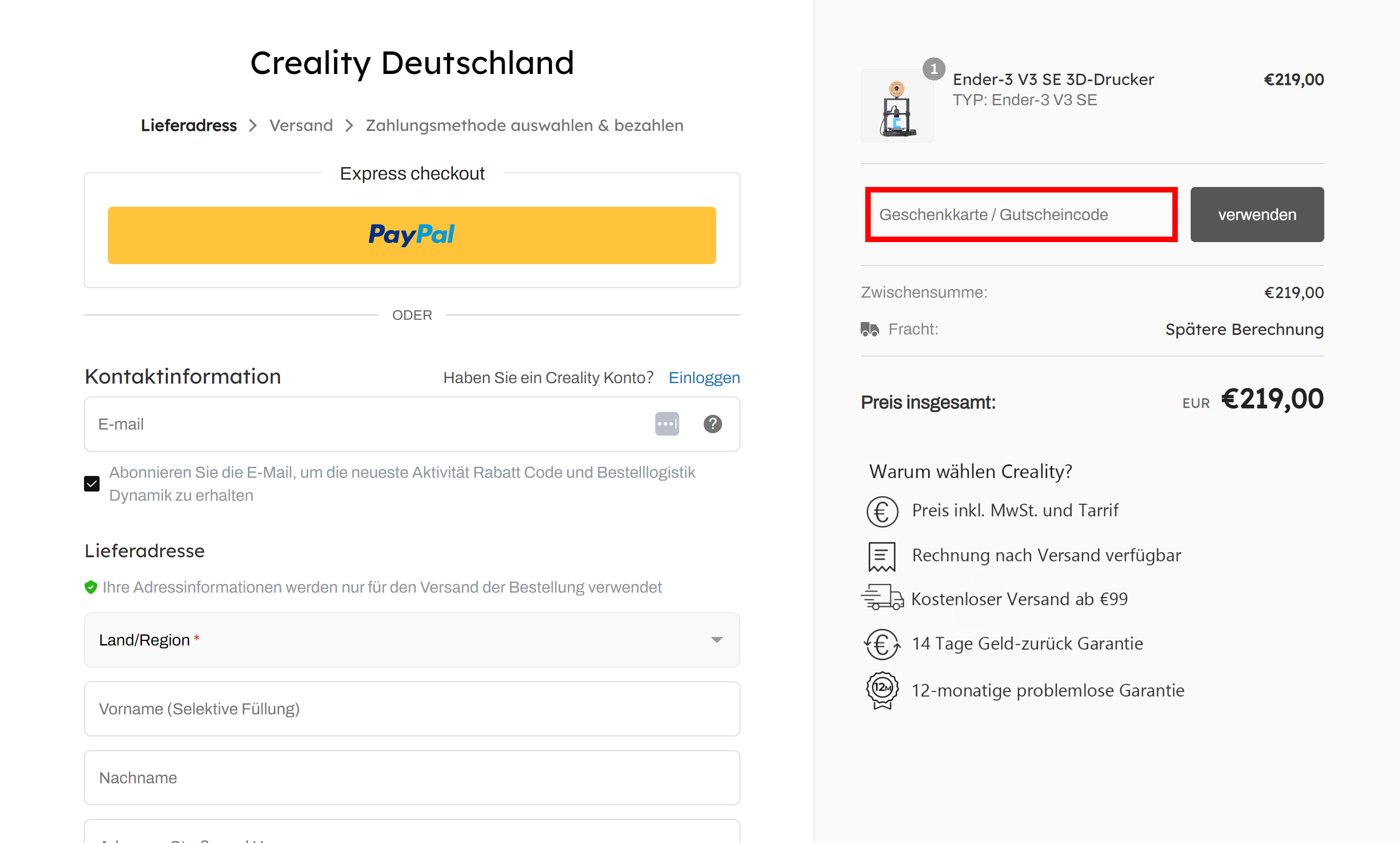 Der Checkout von Creality mit rotmarkierter Stelle für den Gutscheincode