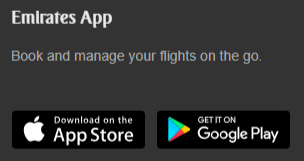 Emirates App displays download icon for the App Store and Google Play