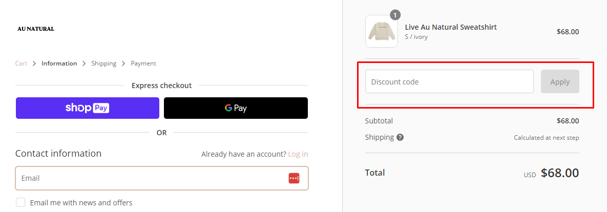 How do I use my Au Natural discount code?