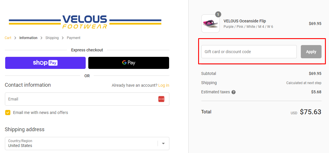 How do I use my VELOUS Footwea discount code?