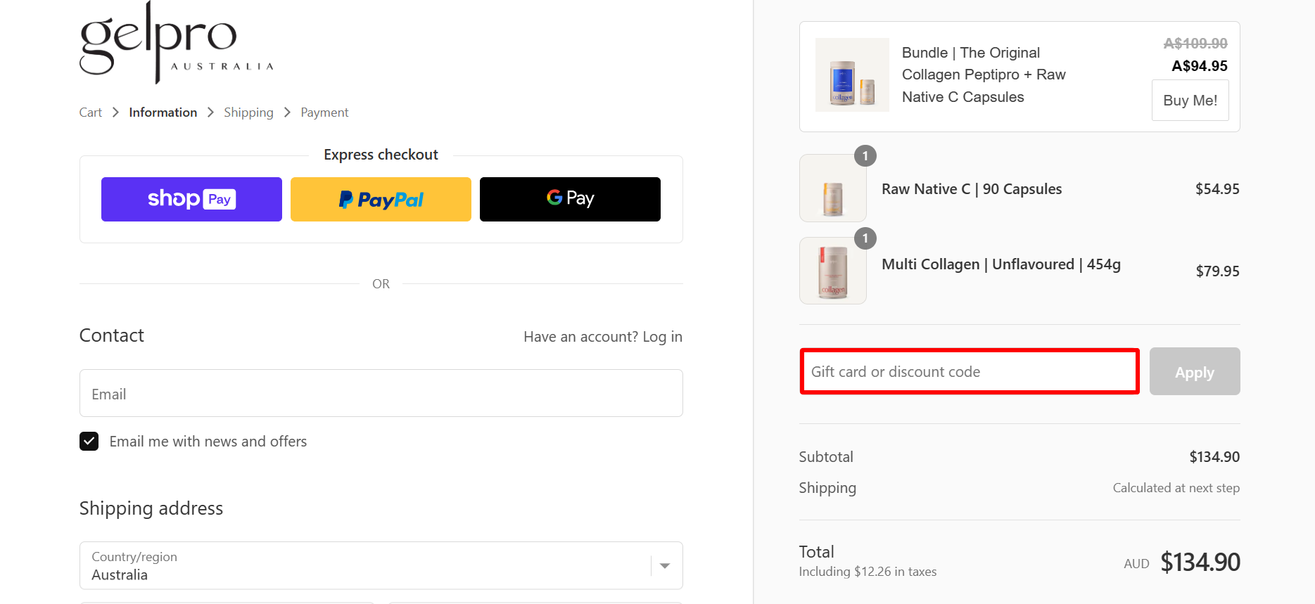 The brand checkout page with where to add the Gelpro Australia discount code highlighted with a red box