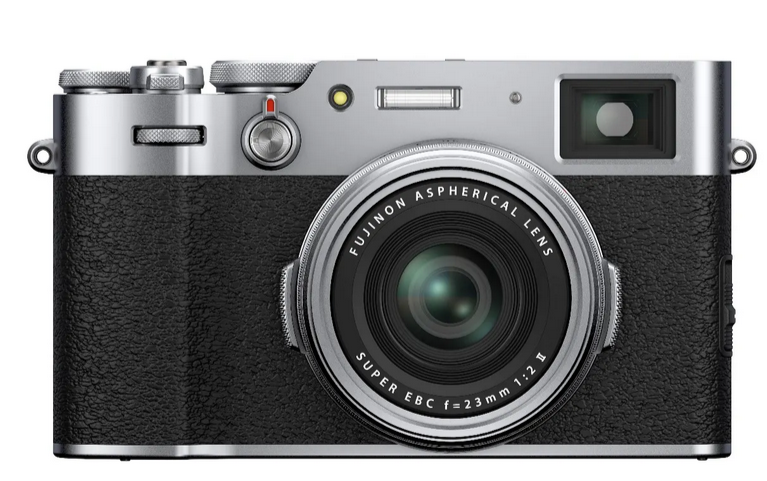 Black and silver FujiFilm camera with lens facing front all on a white background