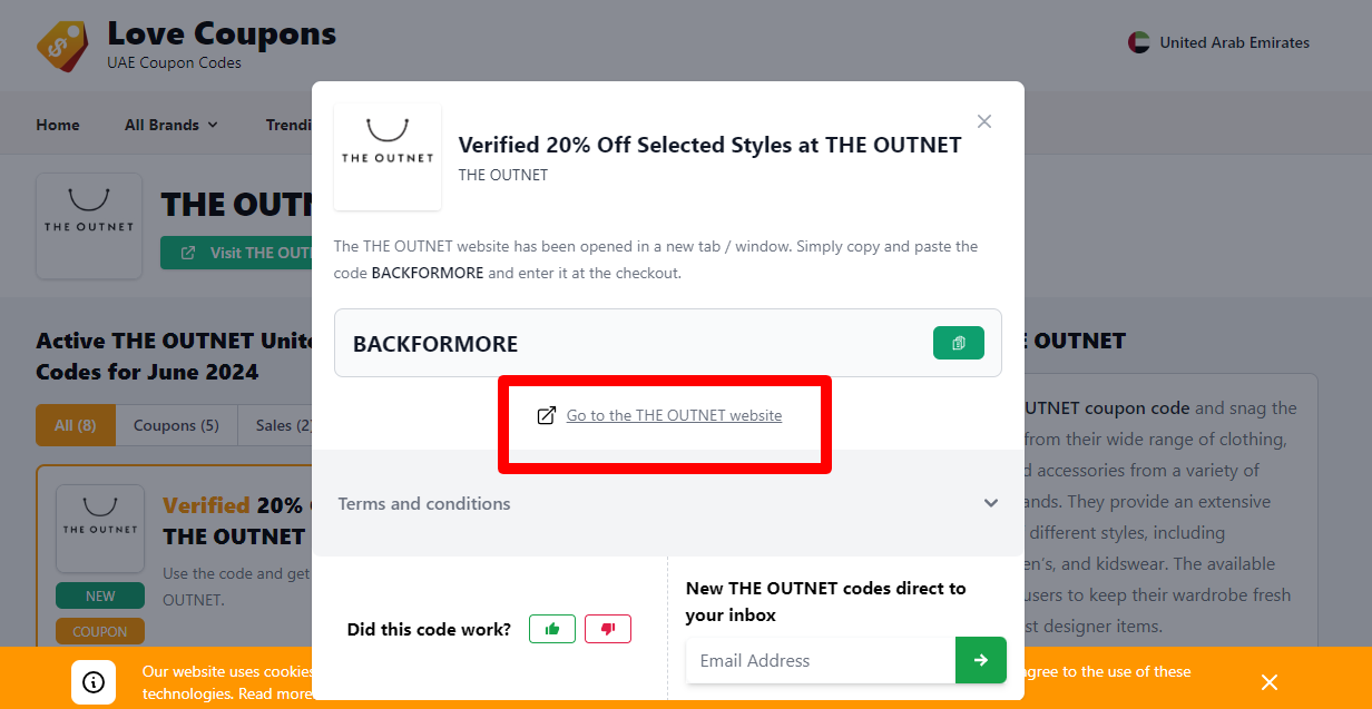 Box displayed on a darkened background of a THE OUTNET coupon code with the terms and conditions showing