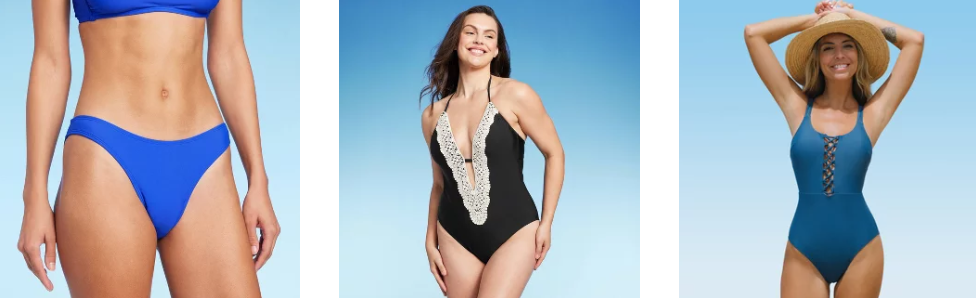 A collage of pictures showing the first woman wearing a blue bikini, the second with a black and white swimsuit while the last one wears a lace-up one piece blue swimsuit
