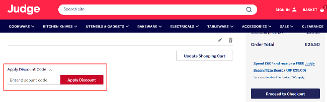 Judge Kitchenware offer code box highlighten in red and few cart details