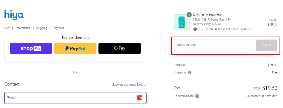 How do I use my Hiya Health discount code?