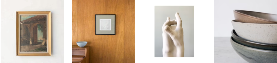 Elsie Green items displayed, from two framed pictures, sculpture, to dishes stacked on each other
