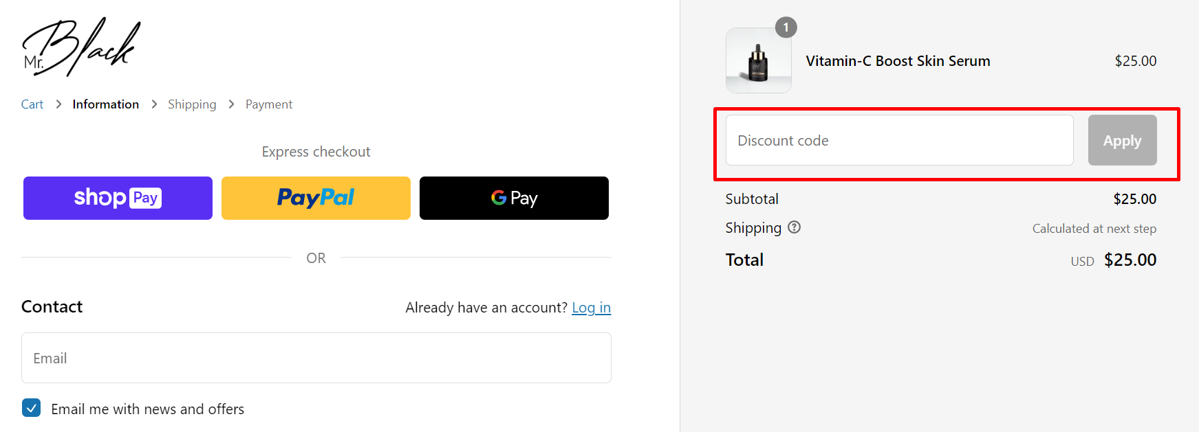 How do I use my MR. BLACK discount code?