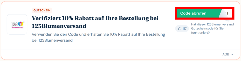 Angaben zu einem Rabattcode für 123Blumenversand mit rotmarkiertem grünen Button