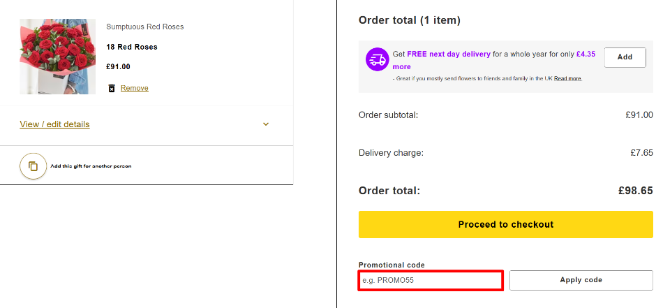 The Interflora checkout page with the discount code box highlighted with a red box