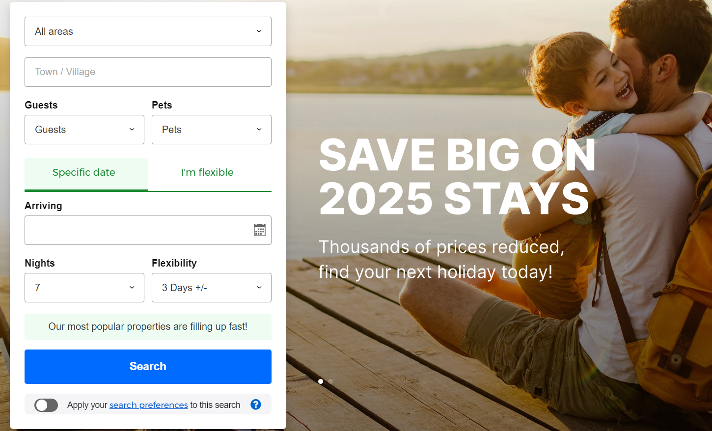 Sykes Cottages's homepage where you can choose your holiday locations and dates