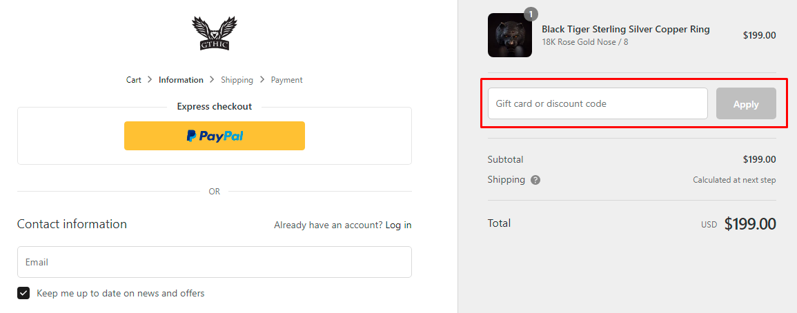 How do I use my Gthic discount code?