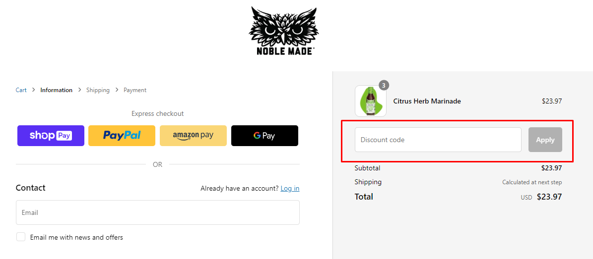 How do I use my Noble Made discount code?