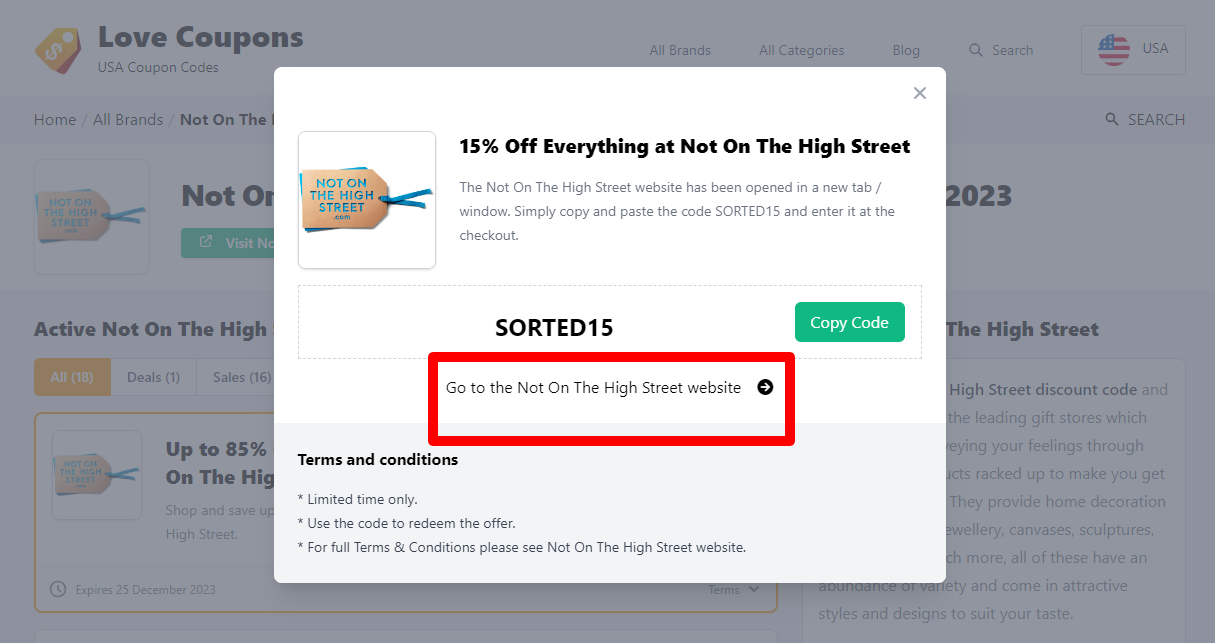Box displayed on a darkened background of a Not On The High Street discount code with the terms and conditions showing