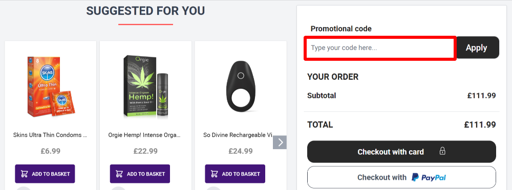 The order summary page with where to paste the Harmony voucher code in a red box