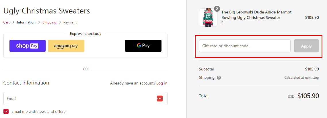 How do I use my Ugly Christmas Sweater discount code?