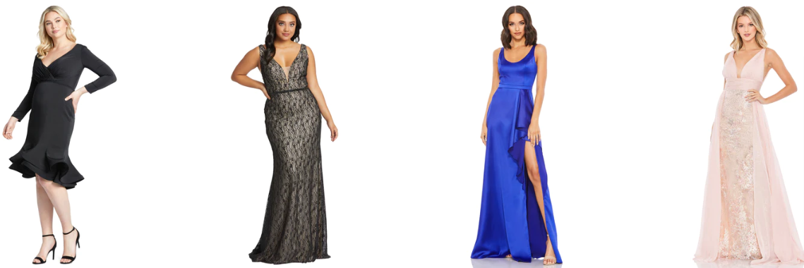 four beautiful ladies wearing Mac Duggal dresses, the dresses are 2 black, blue, and peach