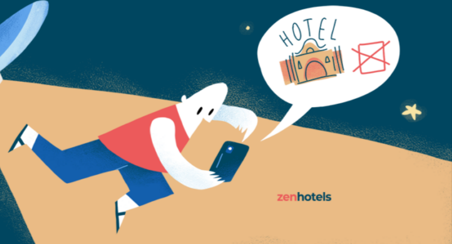 An animation drawing done by the ZenHotels of a person booking a hotel stay
