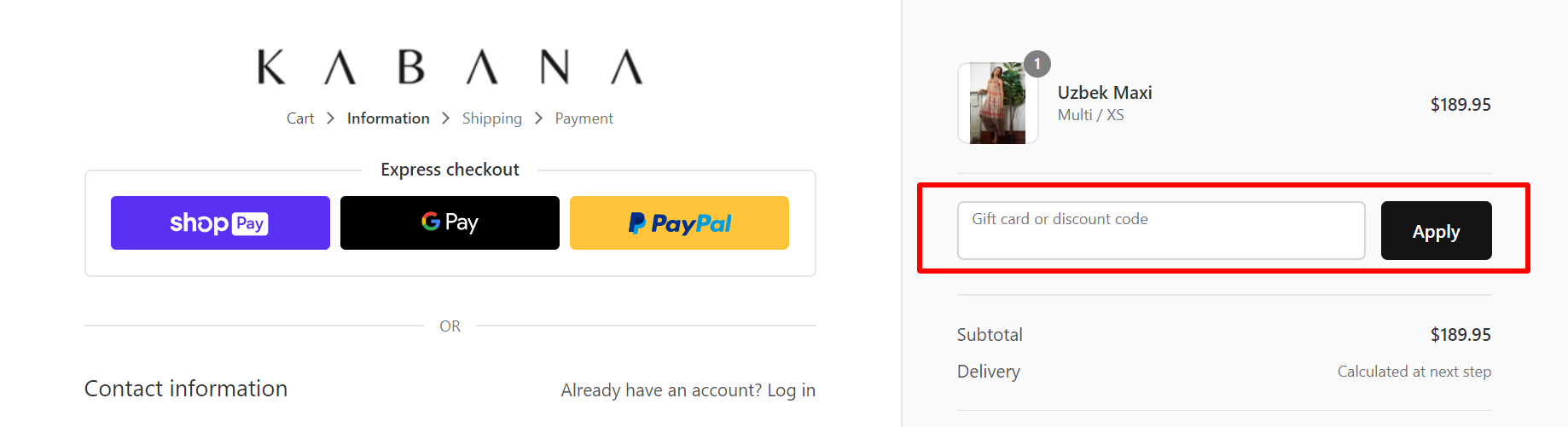 Kabana Shop k checkout