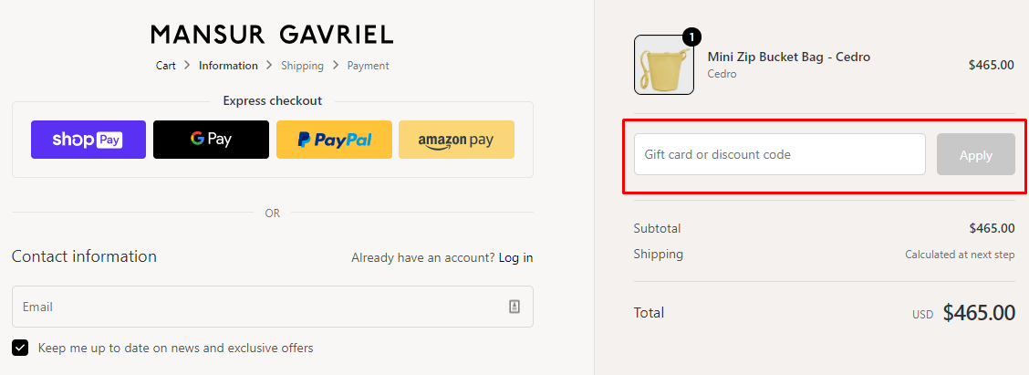 How do I use my Mansur Gavriel discount code?