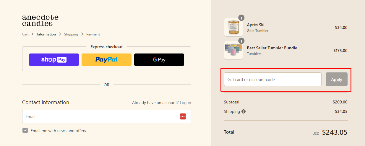 How do I use my Anecdote Candles discount code?