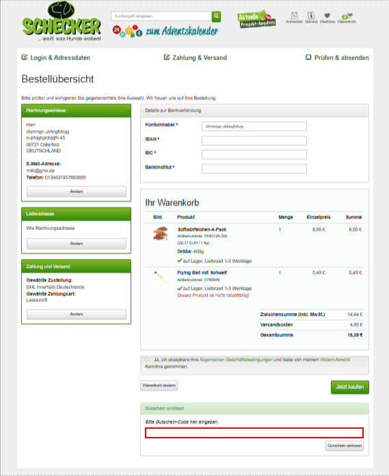 Der Checkout von Schecker mit rotmarkierter Stelle für den Schecker Gutscheincode