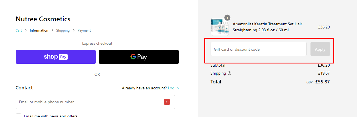 How do I use my Nutree Cosmetics discount code?