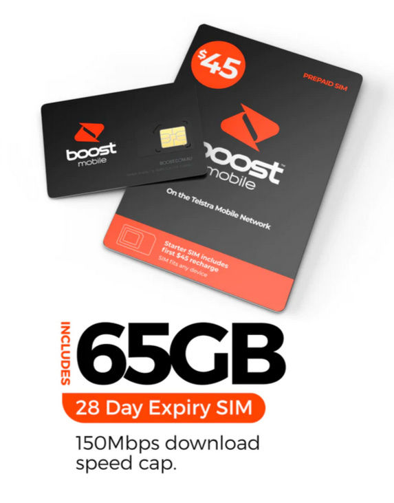 2 black prepaid sim cards and holders with Boost Mobile written in white and a red logo