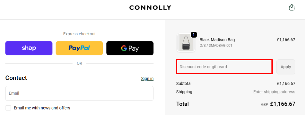 The Connolly checkout page with where to paste the Connolly voucher code in a red box
